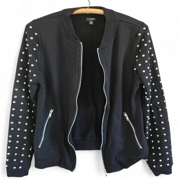 Guess Sweaters - Guess Black Studded Bomber Jacket Zipper Closure & Pockets Womens Small